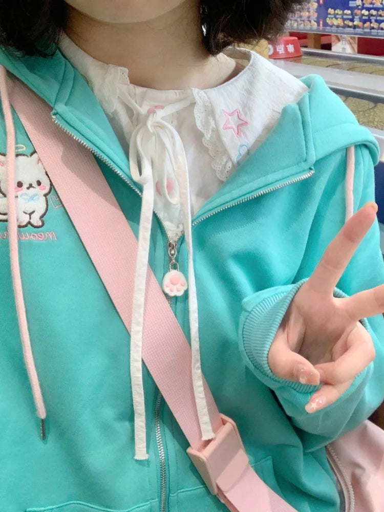 HOUZHOU Harajuku Kawaii Estilo Y2k Moletins Mulheres 2023 Estilo Japonês Com Orelhas de Gato Zíper Oversized Sweatshirts Jaqueta com Capô