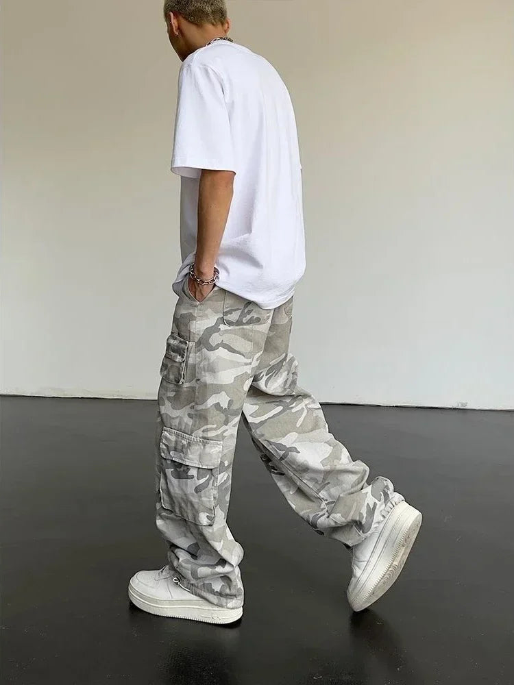 Calças Masculinas Cargo Camo Camufladas, Calças Masculinas Retas com Múltiplos Bolsos, Designer Hip Hop Street, Tendência Popular.