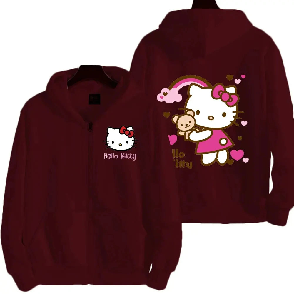 Moletom Feminino com Zíper, Estilo Kawaii Hello Kitty, Outono e Inverno 2024, Streetwear