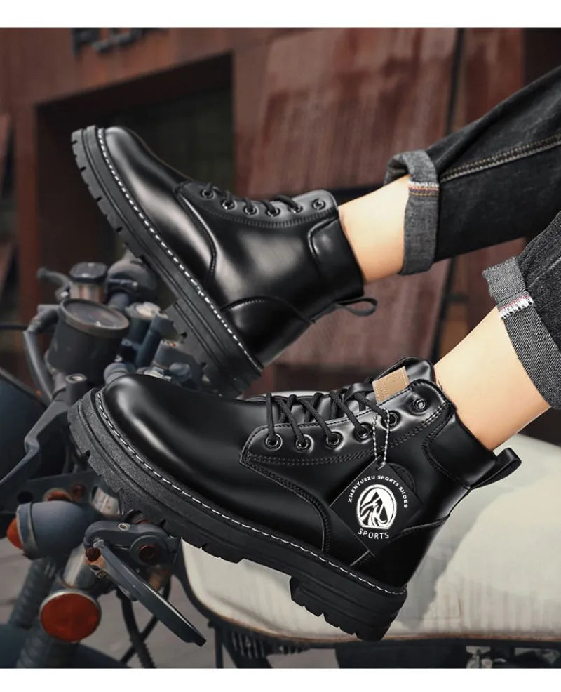 Botas Masculinas de Moda, Botas de Motocicleta Impermeáveis, Botas de Couro para o Inverno, Botas Plataforma de Amarrar, Novas Botas de Cano Alto para Homens.