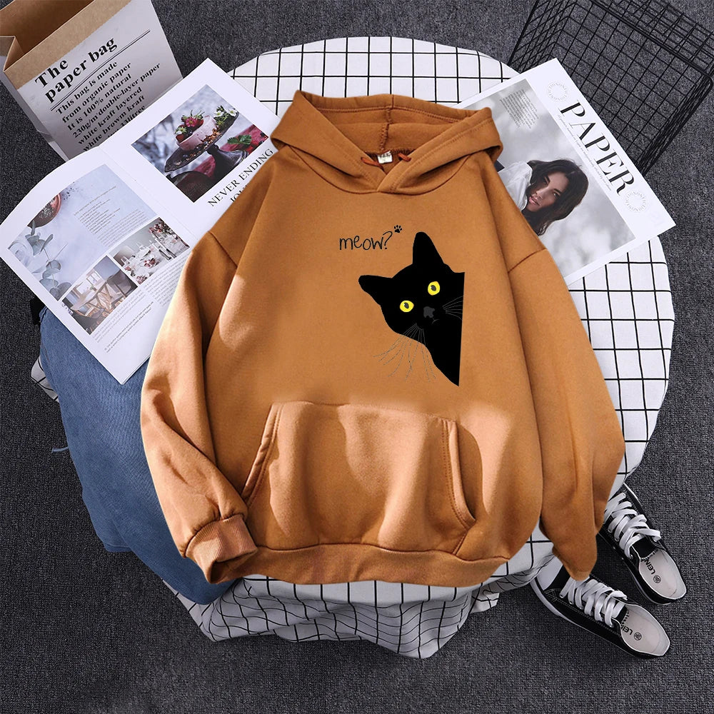 Moletom com Capô Gato Preto Grande Estilo Personalidade, Moletom Feminino Streetwear, Aconchegante para Inverno e Outono