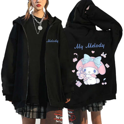 Moletom Feminino com Zíper, Estilo Kawaii Hello Kitty, Outono e Inverno 2024, Streetwear