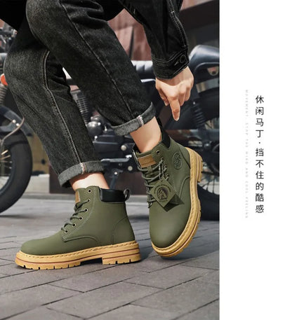 Botas Masculinas de Moda, Botas de Motocicleta Impermeáveis, Botas de Couro para o Inverno, Botas Plataforma de Amarrar, Novas Botas de Cano Alto para Homens.