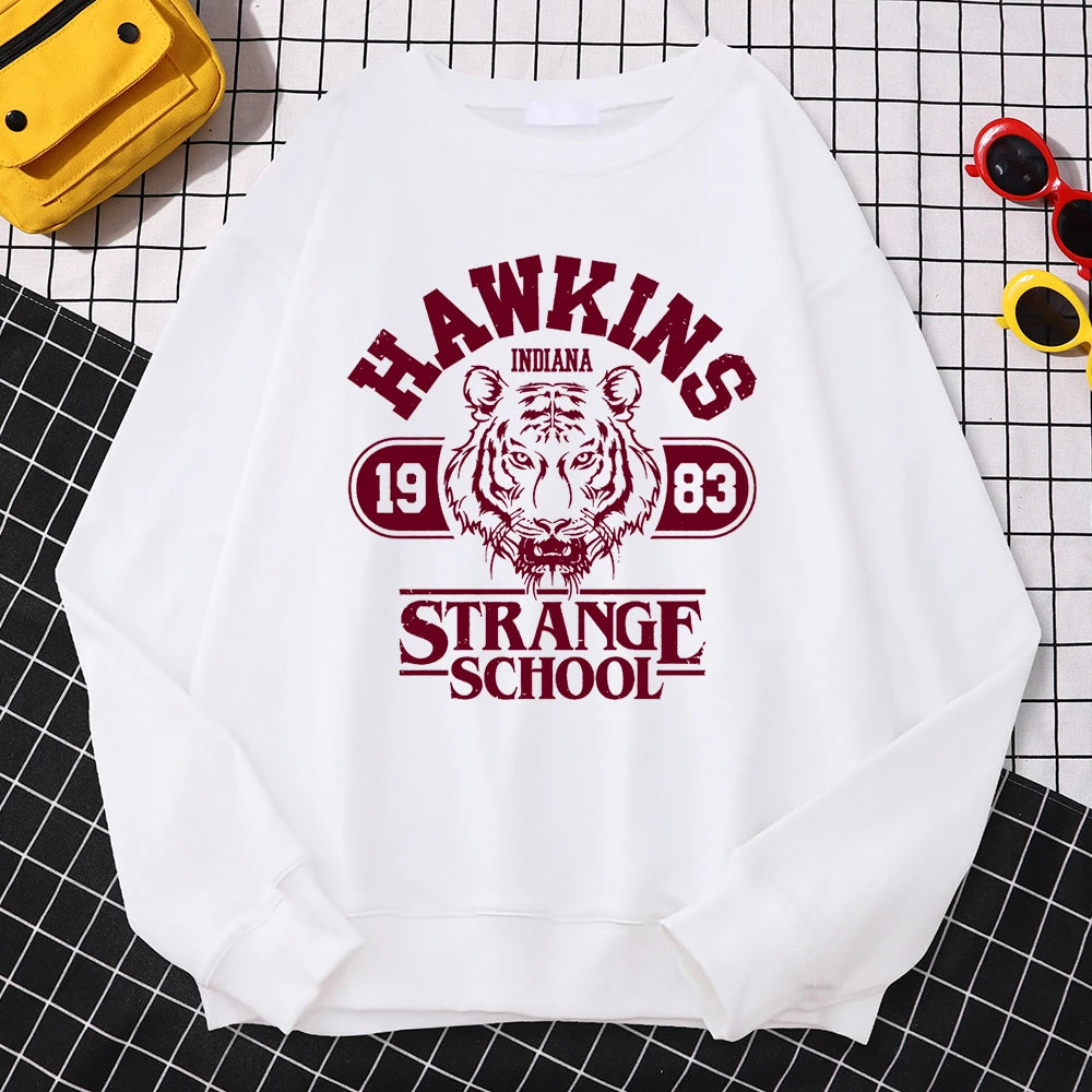 Moletom Casual Feminino Hawkins High School Indiana 1983 Impressão, Hoodies Soltos, Pulôveres com Gola Redonda, Roupas Quentes de Fleecy