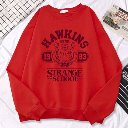 Moletom Casual Feminino Hawkins High School Indiana 1983 Impressão, Hoodies Soltos, Pulôveres com Gola Redonda, Roupas Quentes de Fleecy