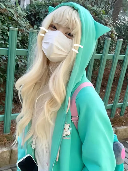 HOUZHOU Harajuku Kawaii Estilo Y2k Moletins Mulheres 2023 Estilo Japonês Com Orelhas de Gato Zíper Oversized Sweatshirts Jaqueta com Capô