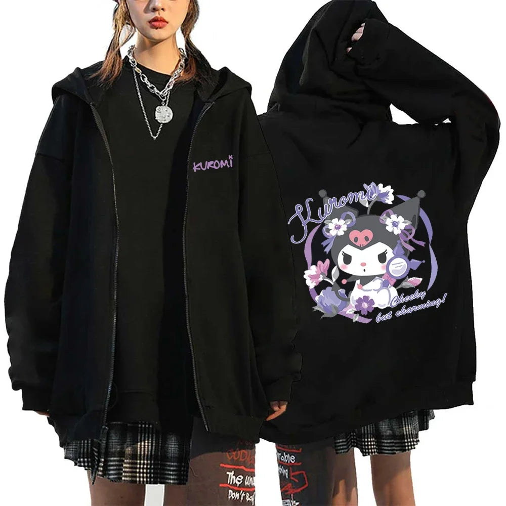 Moletom Feminino com Zíper, Estilo Kawaii Hello Kitty, Outono e Inverno 2024, Streetwear