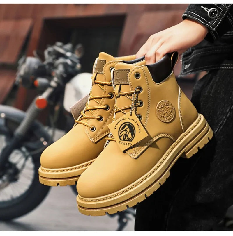 Botas Masculinas de Moda, Botas de Motocicleta Impermeáveis, Botas de Couro para o Inverno, Botas Plataforma de Amarrar, Novas Botas de Cano Alto para Homens.