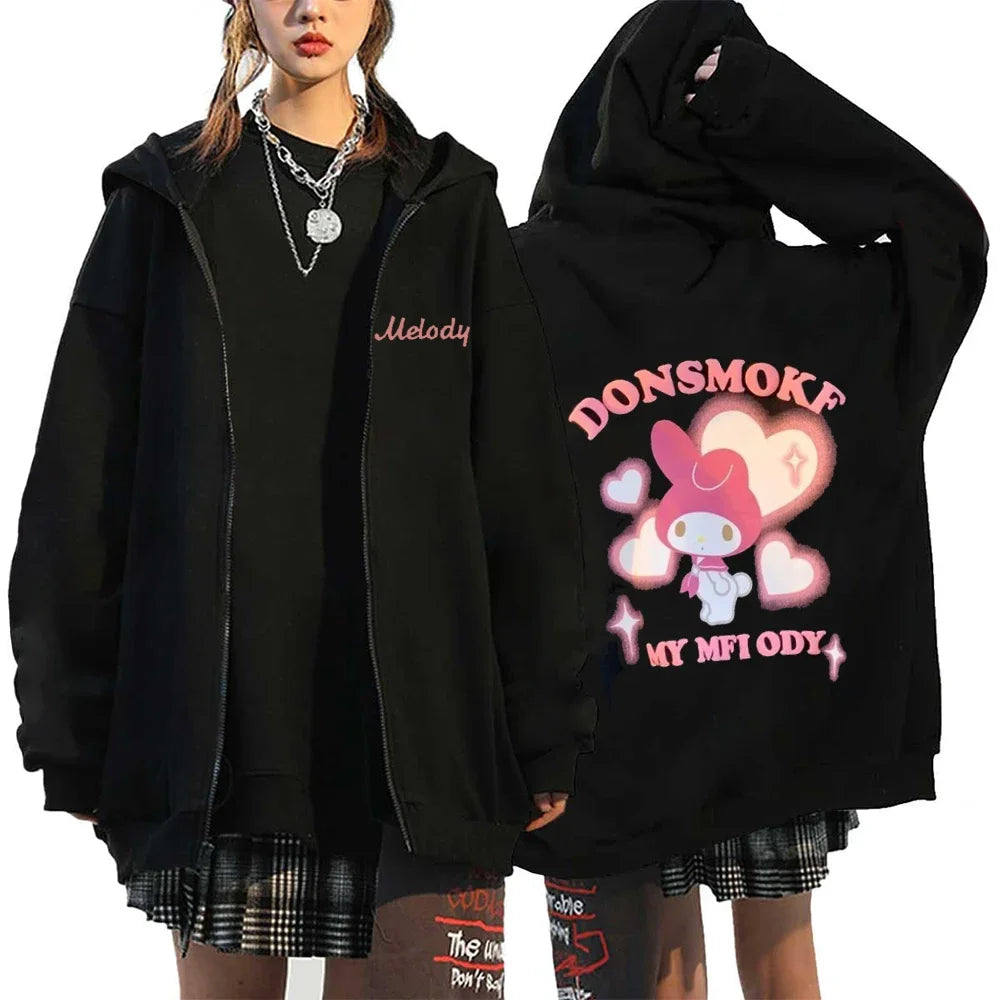 Moletom Feminino com Zíper, Estilo Kawaii Hello Kitty, Outono e Inverno 2024, Streetwear