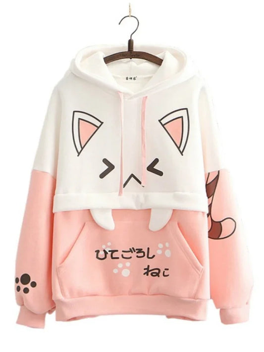 Moletom Harajuku Kawaii - Anime com Estampa de Gato, Manga Longa, Algodão e Fleece, Térmico e Aconchegante para o Inverno, Estilo Y2K para Meninas