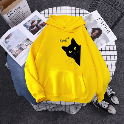 Moletom com Capô Gato Preto Grande Estilo Personalidade, Moletom Feminino Streetwear, Aconchegante para Inverno e Outono