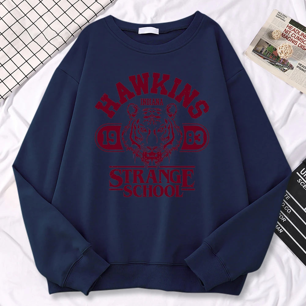 Moletom Casual Feminino Hawkins High School Indiana 1983 Impressão, Hoodies Soltos, Pulôveres com Gola Redonda, Roupas Quentes de Fleecy