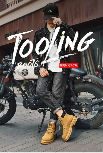 Botas Masculinas de Moda, Botas de Motocicleta Impermeáveis, Botas de Couro para o Inverno, Botas Plataforma de Amarrar, Novas Botas de Cano Alto para Homens.