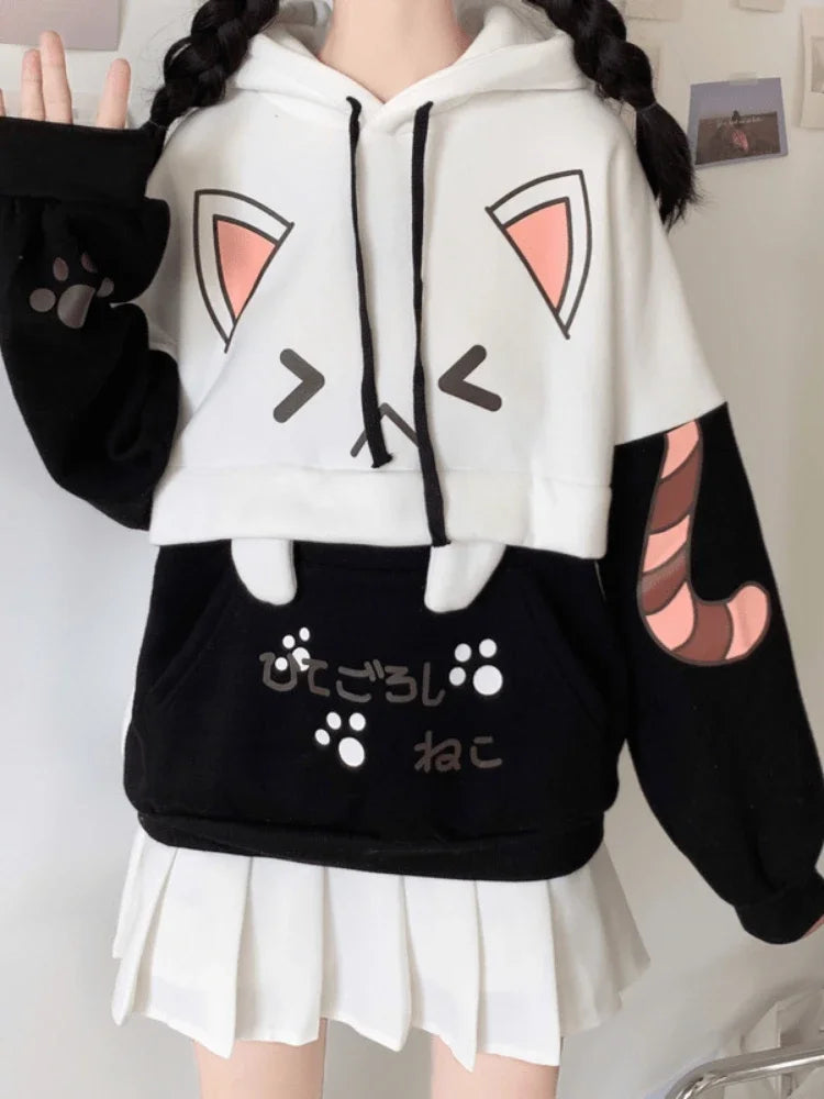 Moletom Harajuku Kawaii - Anime com Estampa de Gato, Manga Longa, Algodão e Fleece, Térmico e Aconchegante para o Inverno, Estilo Y2K para Meninas