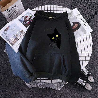 Moletom com Capô Gato Preto Grande Estilo Personalidade, Moletom Feminino Streetwear, Aconchegante para Inverno e Outono