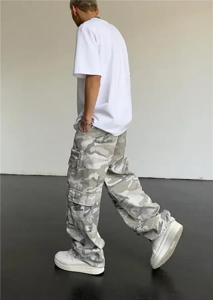 Calças Masculinas Cargo Camo Camufladas, Calças Masculinas Retas com Múltiplos Bolsos, Designer Hip Hop Street, Tendência Popular.