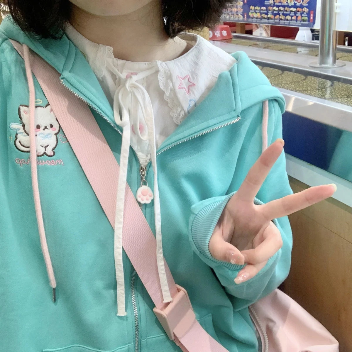 HOUZHOU Harajuku Kawaii Estilo Y2k Moletins Mulheres 2023 Estilo Japonês Com Orelhas de Gato Zíper Oversized Sweatshirts Jaqueta com Capô