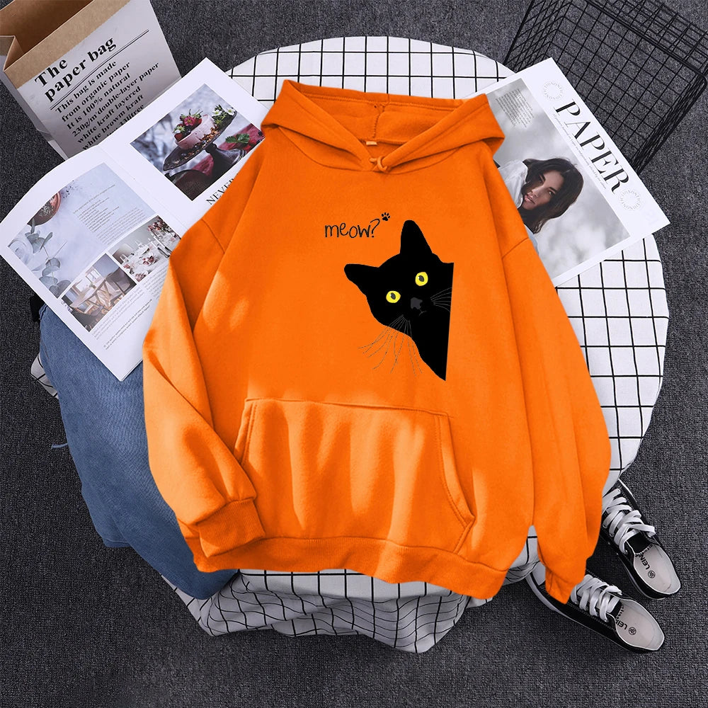 Moletom com Capô Gato Preto Grande Estilo Personalidade, Moletom Feminino Streetwear, Aconchegante para Inverno e Outono