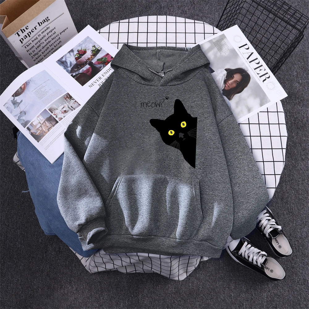 Moletom com Capô Gato Preto Grande Estilo Personalidade, Moletom Feminino Streetwear, Aconchegante para Inverno e Outono