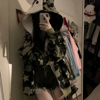 Cardigã Feminino Oversize Estilo Americano Vintage Camo 2024, Casaco com Gato e Capô para Primavera e Outono