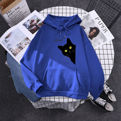 Moletom com Capô Gato Preto Grande Estilo Personalidade, Moletom Feminino Streetwear, Aconchegante para Inverno e Outono