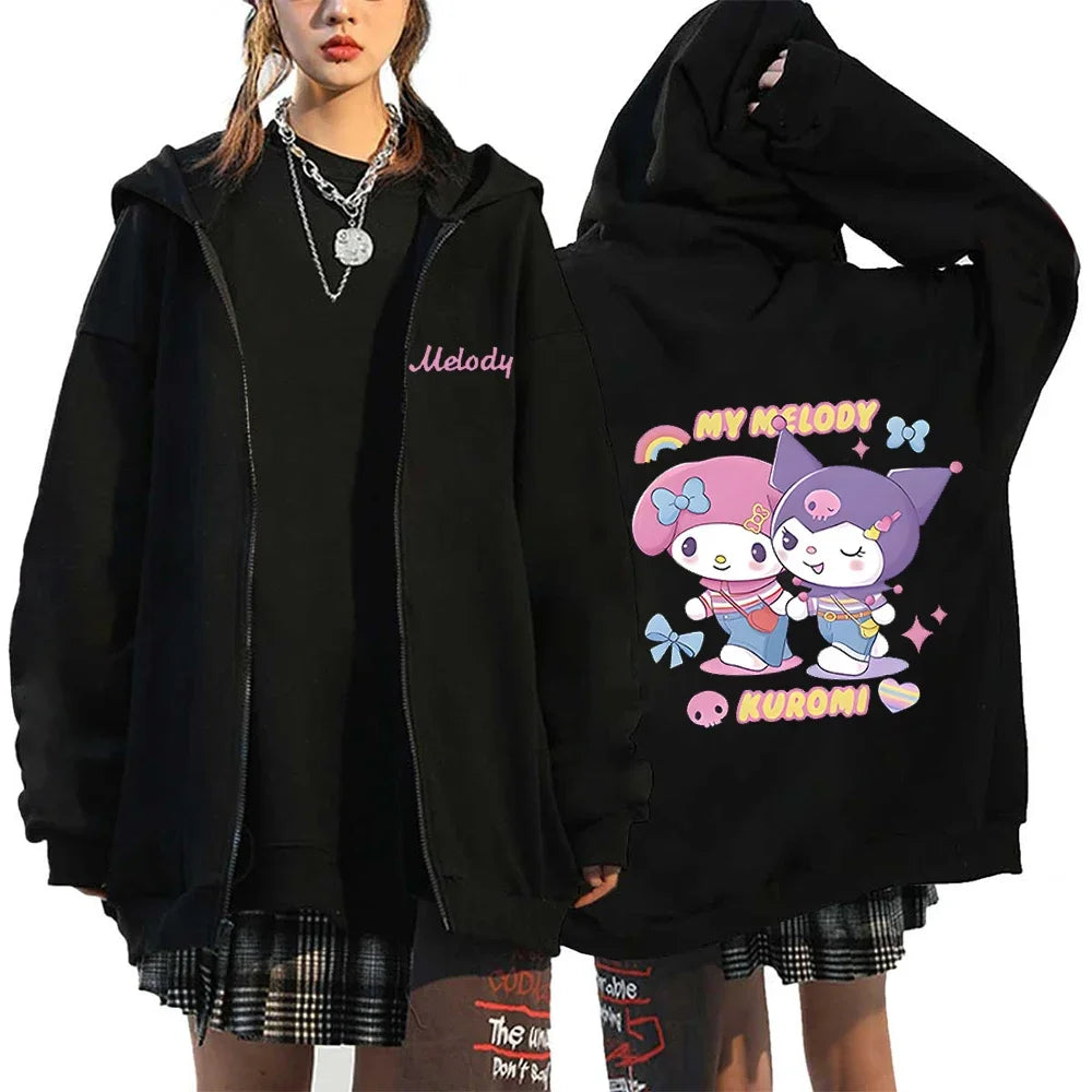 Moletom Feminino com Zíper, Estilo Kawaii Hello Kitty, Outono e Inverno 2024, Streetwear