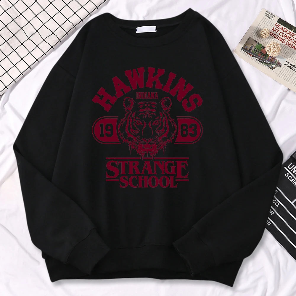 Moletom Casual Feminino Hawkins High School Indiana 1983 Impressão, Hoodies Soltos, Pulôveres com Gola Redonda, Roupas Quentes de Fleecy