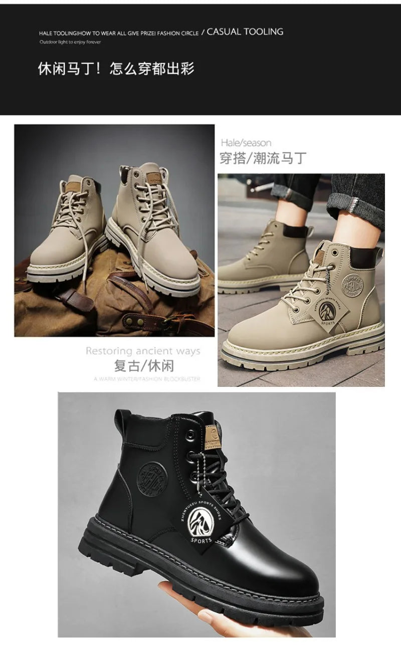 Botas Masculinas de Moda, Botas de Motocicleta Impermeáveis, Botas de Couro para o Inverno, Botas Plataforma de Amarrar, Novas Botas de Cano Alto para Homens.