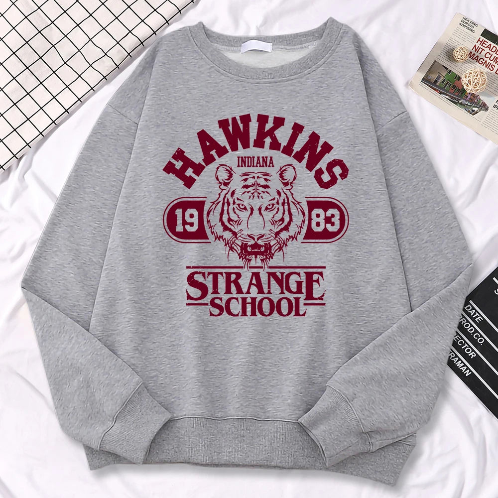 Moletom Casual Feminino Hawkins High School Indiana 1983 Impressão, Hoodies Soltos, Pulôveres com Gola Redonda, Roupas Quentes de Fleecy