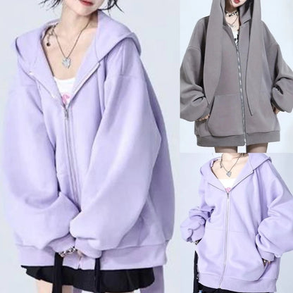 Casaco Feminino de Manga Longa Oversized com Capô de Orelhas de Coelho, Moletom com Zíper